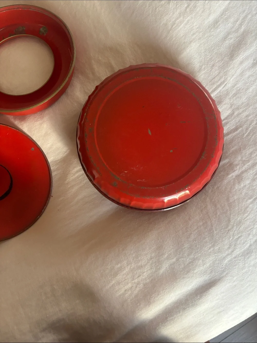 Vintage Tin red orange 1950’s 3 piece wood knob thread round metal Sewing box